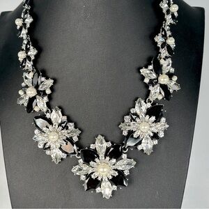 Black and Clear Faux Pearl Crystal Statement Necklace Glam Bling Black Tie Event